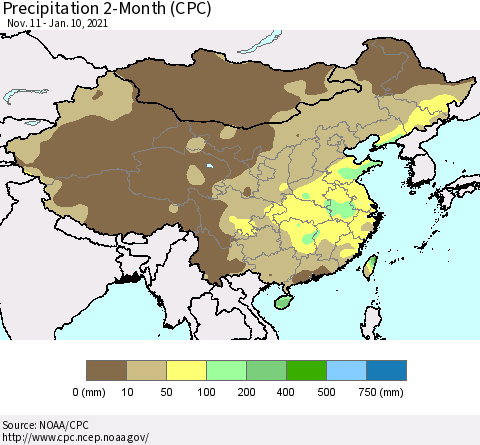 China, Mongolia and Taiwan Precipitation 2-Month (CPC) Thematic Map For 11/11/2020 - 1/10/2021