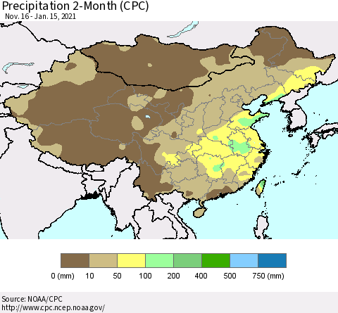 China, Mongolia and Taiwan Precipitation 2-Month (CPC) Thematic Map For 11/16/2020 - 1/15/2021