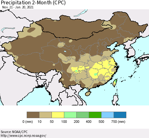 China, Mongolia and Taiwan Precipitation 2-Month (CPC) Thematic Map For 11/21/2020 - 1/20/2021