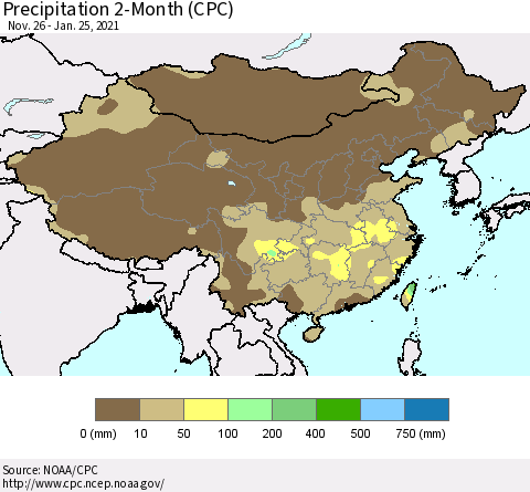 China, Mongolia and Taiwan Precipitation 2-Month (CPC) Thematic Map For 11/26/2020 - 1/25/2021
