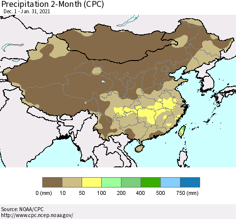 China, Mongolia and Taiwan Precipitation 2-Month (CPC) Thematic Map For 12/1/2020 - 1/31/2021