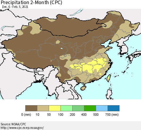 China, Mongolia and Taiwan Precipitation 2-Month (CPC) Thematic Map For 12/6/2020 - 2/5/2021