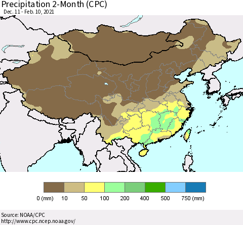 China, Mongolia and Taiwan Precipitation 2-Month (CPC) Thematic Map For 12/11/2020 - 2/10/2021