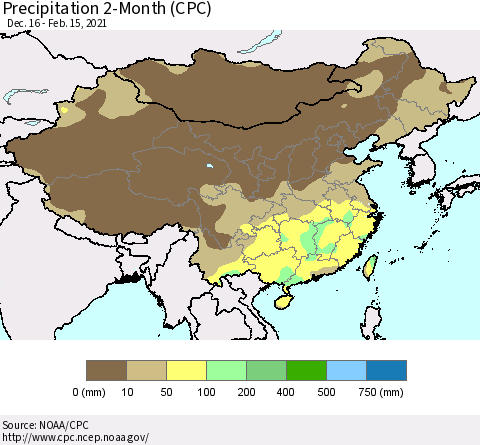China, Mongolia and Taiwan Precipitation 2-Month (CPC) Thematic Map For 12/16/2020 - 2/15/2021