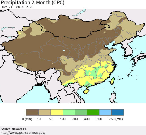 China, Mongolia and Taiwan Precipitation 2-Month (CPC) Thematic Map For 12/21/2020 - 2/20/2021