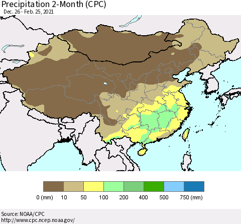 China, Mongolia and Taiwan Precipitation 2-Month (CPC) Thematic Map For 12/26/2020 - 2/25/2021
