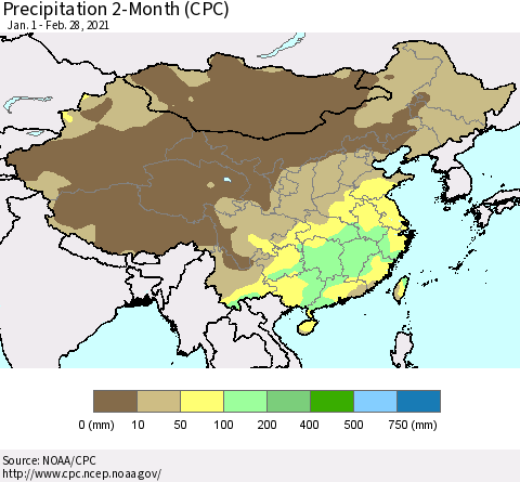 China, Mongolia and Taiwan Precipitation 2-Month (CPC) Thematic Map For 1/1/2021 - 2/28/2021