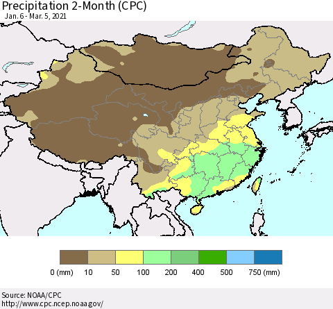 China, Mongolia and Taiwan Precipitation 2-Month (CPC) Thematic Map For 1/6/2021 - 3/5/2021