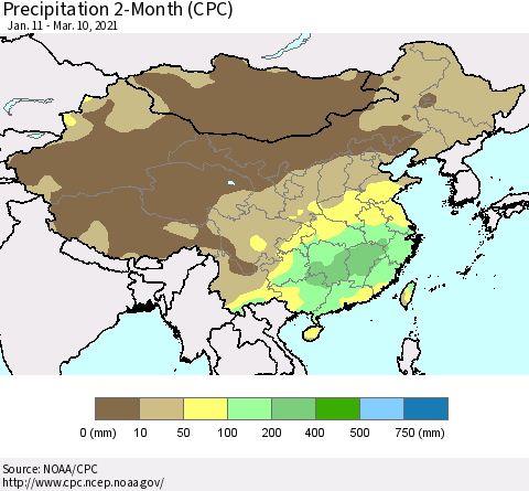 China, Mongolia and Taiwan Precipitation 2-Month (CPC) Thematic Map For 1/11/2021 - 3/10/2021