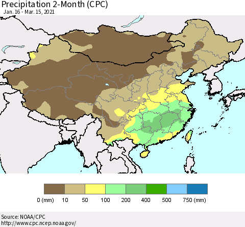 China, Mongolia and Taiwan Precipitation 2-Month (CPC) Thematic Map For 1/16/2021 - 3/15/2021