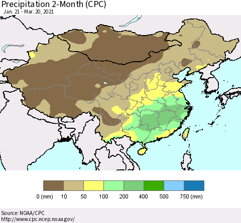 China, Mongolia and Taiwan Precipitation 2-Month (CPC) Thematic Map For 1/21/2021 - 3/20/2021