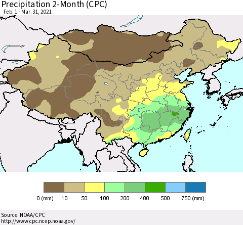 China, Mongolia and Taiwan Precipitation 2-Month (CPC) Thematic Map For 2/1/2021 - 3/31/2021