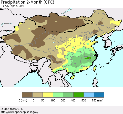 China, Mongolia and Taiwan Precipitation 2-Month (CPC) Thematic Map For 2/6/2021 - 4/5/2021