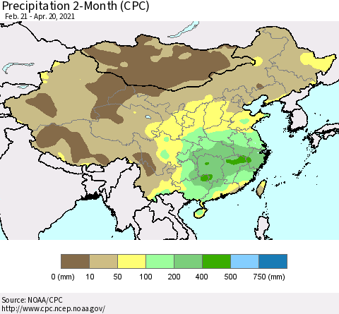China, Mongolia and Taiwan Precipitation 2-Month (CPC) Thematic Map For 2/21/2021 - 4/20/2021