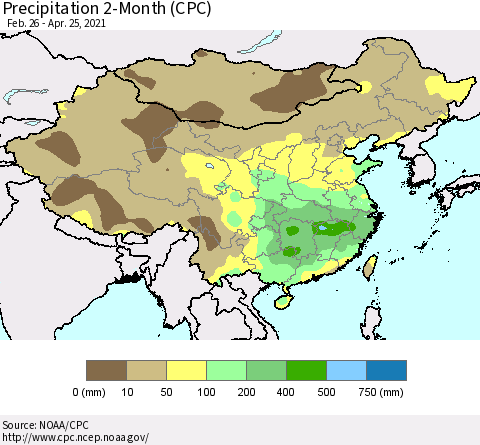 China, Mongolia and Taiwan Precipitation 2-Month (CPC) Thematic Map For 2/26/2021 - 4/25/2021