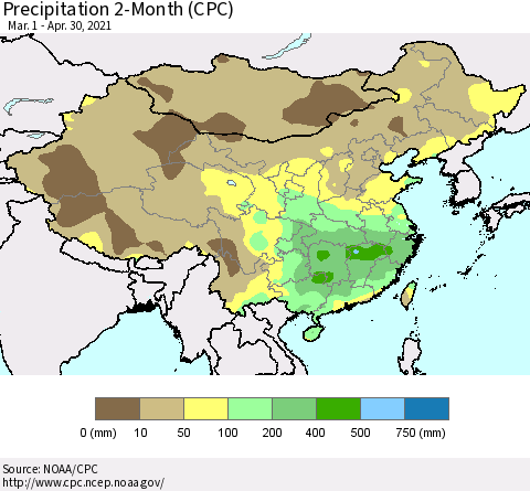 China, Mongolia and Taiwan Precipitation 2-Month (CPC) Thematic Map For 3/1/2021 - 4/30/2021