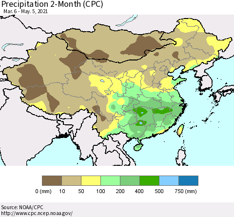 China, Mongolia and Taiwan Precipitation 2-Month (CPC) Thematic Map For 3/6/2021 - 5/5/2021