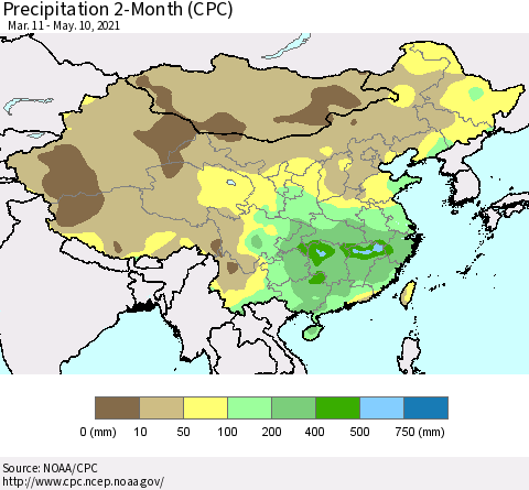 China, Mongolia and Taiwan Precipitation 2-Month (CPC) Thematic Map For 3/11/2021 - 5/10/2021
