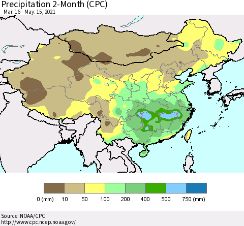 China, Mongolia and Taiwan Precipitation 2-Month (CPC) Thematic Map For 3/16/2021 - 5/15/2021