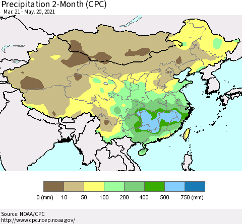 China, Mongolia and Taiwan Precipitation 2-Month (CPC) Thematic Map For 3/21/2021 - 5/20/2021