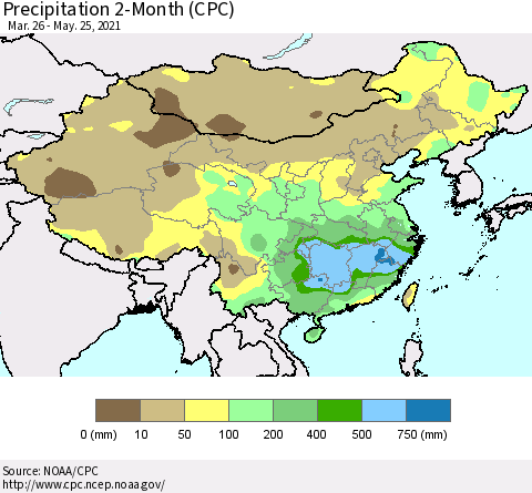 China, Mongolia and Taiwan Precipitation 2-Month (CPC) Thematic Map For 3/26/2021 - 5/25/2021