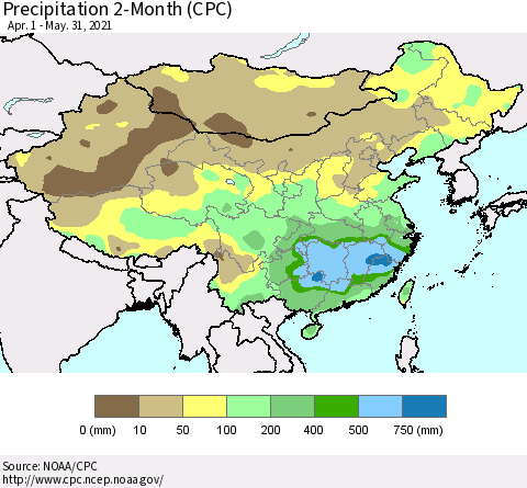 China, Mongolia and Taiwan Precipitation 2-Month (CPC) Thematic Map For 4/1/2021 - 5/31/2021
