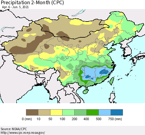 China, Mongolia and Taiwan Precipitation 2-Month (CPC) Thematic Map For 4/6/2021 - 6/5/2021