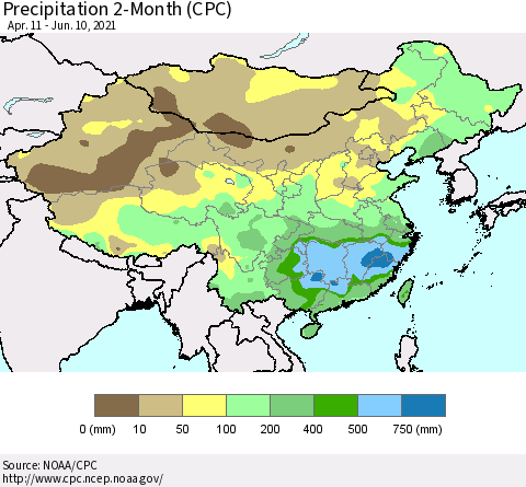 China, Mongolia and Taiwan Precipitation 2-Month (CPC) Thematic Map For 4/11/2021 - 6/10/2021