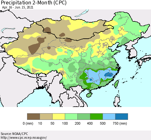 China, Mongolia and Taiwan Precipitation 2-Month (CPC) Thematic Map For 4/16/2021 - 6/15/2021