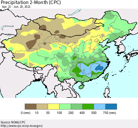 China, Mongolia and Taiwan Precipitation 2-Month (CPC) Thematic Map For 4/21/2021 - 6/20/2021