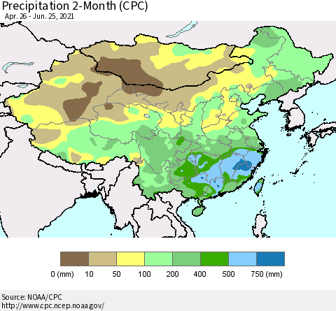 China, Mongolia and Taiwan Precipitation 2-Month (CPC) Thematic Map For 4/26/2021 - 6/25/2021