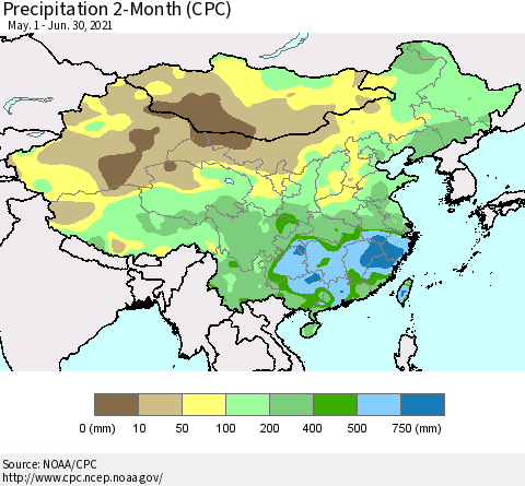 China, Mongolia and Taiwan Precipitation 2-Month (CPC) Thematic Map For 5/1/2021 - 6/30/2021