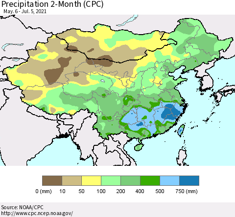 China, Mongolia and Taiwan Precipitation 2-Month (CPC) Thematic Map For 5/6/2021 - 7/5/2021