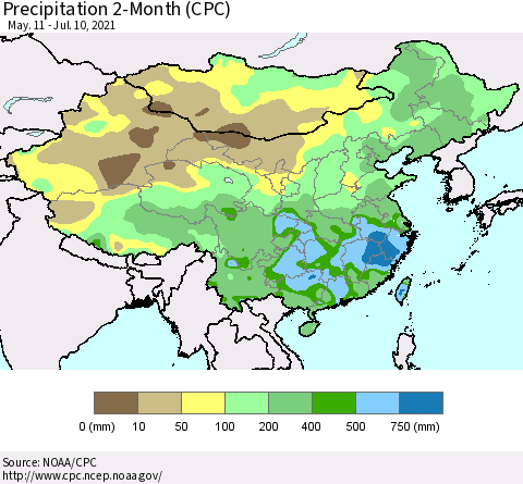 China, Mongolia and Taiwan Precipitation 2-Month (CPC) Thematic Map For 5/11/2021 - 7/10/2021