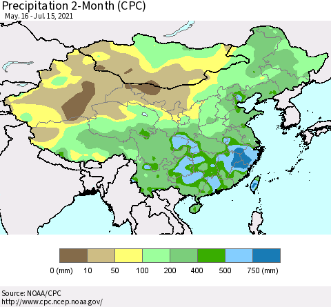 China, Mongolia and Taiwan Precipitation 2-Month (CPC) Thematic Map For 5/16/2021 - 7/15/2021