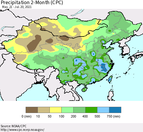 China, Mongolia and Taiwan Precipitation 2-Month (CPC) Thematic Map For 5/21/2021 - 7/20/2021