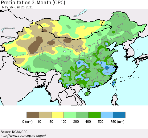 China, Mongolia and Taiwan Precipitation 2-Month (CPC) Thematic Map For 5/26/2021 - 7/25/2021