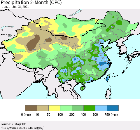 China, Mongolia and Taiwan Precipitation 2-Month (CPC) Thematic Map For 6/1/2021 - 7/31/2021