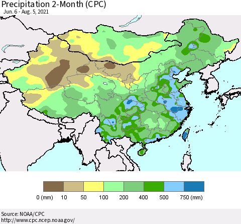 China, Mongolia and Taiwan Precipitation 2-Month (CPC) Thematic Map For 6/6/2021 - 8/5/2021