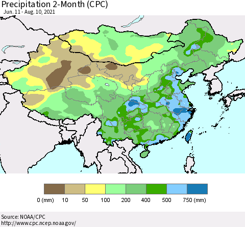 China, Mongolia and Taiwan Precipitation 2-Month (CPC) Thematic Map For 6/11/2021 - 8/10/2021