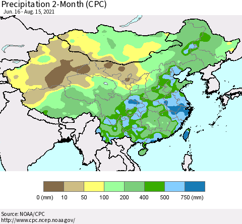 China, Mongolia and Taiwan Precipitation 2-Month (CPC) Thematic Map For 6/16/2021 - 8/15/2021