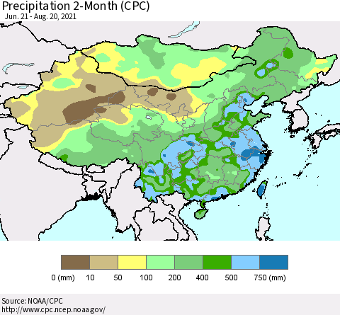 China, Mongolia and Taiwan Precipitation 2-Month (CPC) Thematic Map For 6/21/2021 - 8/20/2021