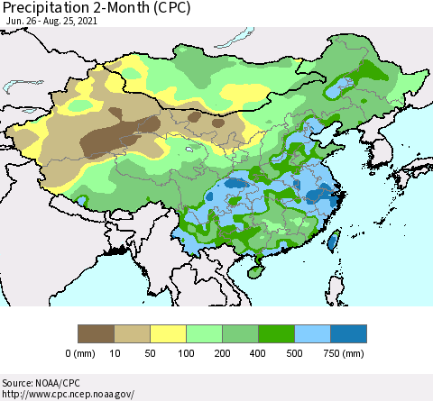 China, Mongolia and Taiwan Precipitation 2-Month (CPC) Thematic Map For 6/26/2021 - 8/25/2021