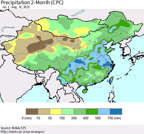 China, Mongolia and Taiwan Precipitation 2-Month (CPC) Thematic Map For 7/1/2021 - 8/31/2021