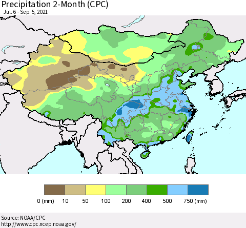 China, Mongolia and Taiwan Precipitation 2-Month (CPC) Thematic Map For 7/6/2021 - 9/5/2021