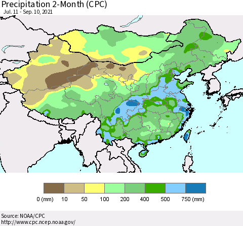 China, Mongolia and Taiwan Precipitation 2-Month (CPC) Thematic Map For 7/11/2021 - 9/10/2021