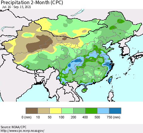 China, Mongolia and Taiwan Precipitation 2-Month (CPC) Thematic Map For 7/16/2021 - 9/15/2021