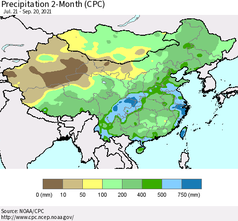 China, Mongolia and Taiwan Precipitation 2-Month (CPC) Thematic Map For 7/21/2021 - 9/20/2021