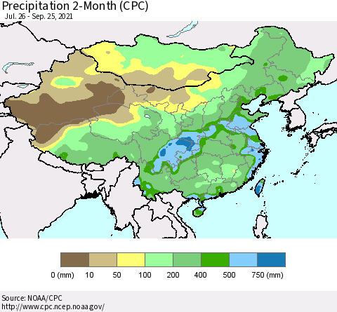 China, Mongolia and Taiwan Precipitation 2-Month (CPC) Thematic Map For 7/26/2021 - 9/25/2021