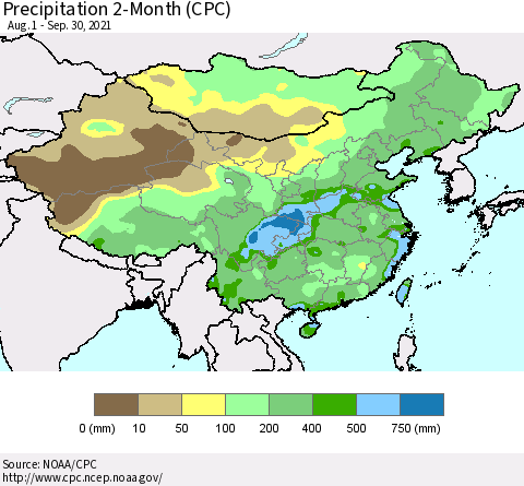 China, Mongolia and Taiwan Precipitation 2-Month (CPC) Thematic Map For 8/1/2021 - 9/30/2021